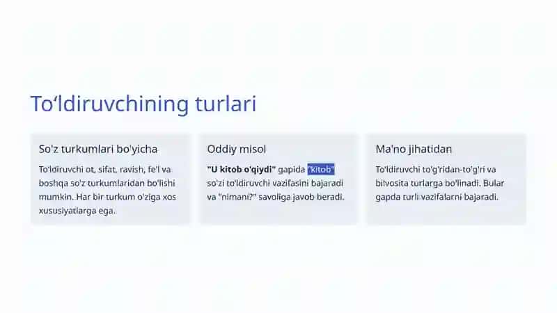 Toʻldiruvchi: O'zbek tili grammatikasining muhim qismi 3