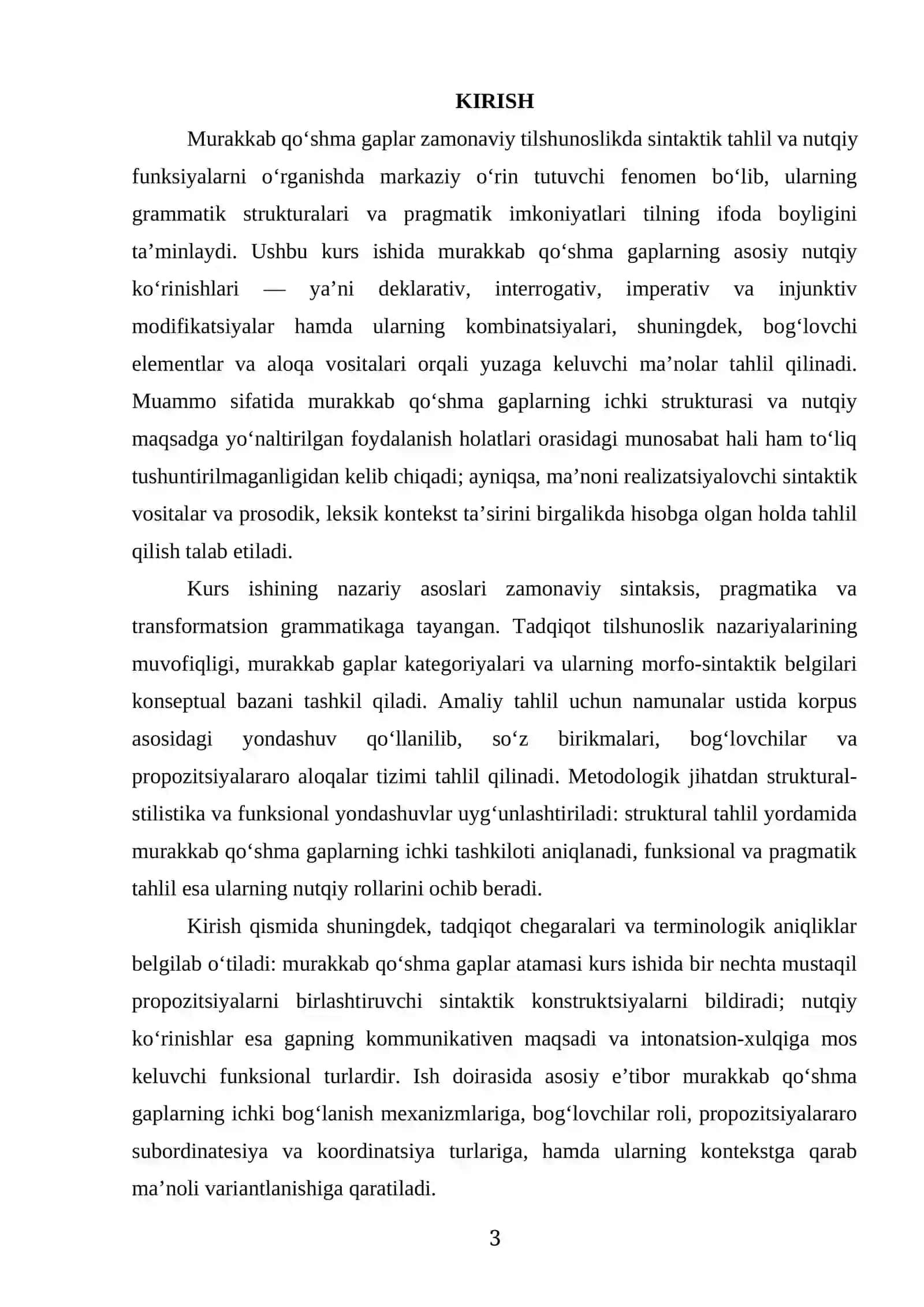 “MURAKKAB QOʻSHMA GAPLAR, ULARNING ASOSIY NUTQIY KOʻRINISHLARI” MAVZUSIDAGI KURS ISHI 3