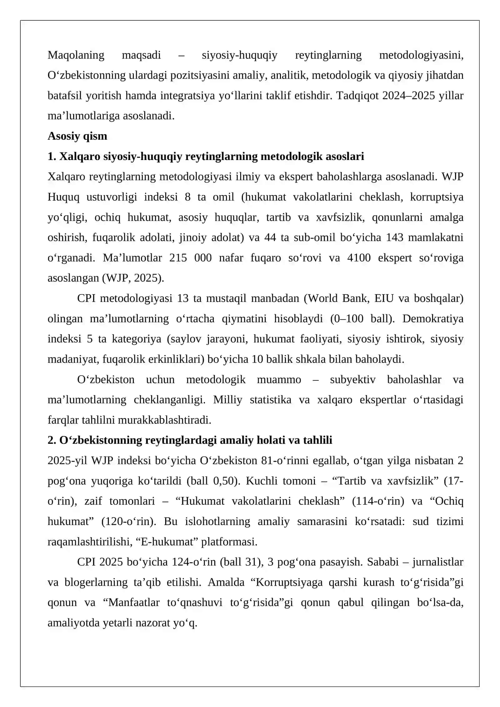 Siyosiy-huquqiy sohadagi ustuvor xalqaro reytinglar va ularga O‘zbekistonning integratsiyalashuvi 3
