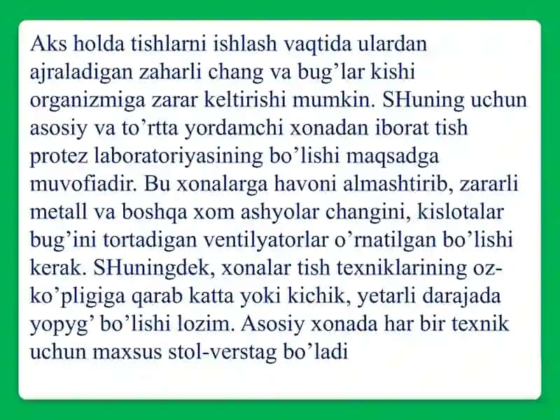 Stomatologiya laboratoriyasi ishi uchun qo’yiladigan asosiy talablar. 3
