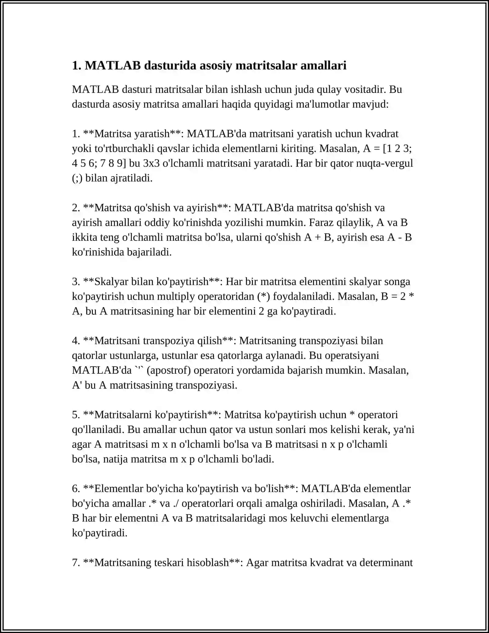 MUSTAQIL ISH Mavzu: MATLAB DASTURIY MATEMATIK MASALALAR YECHISH 3
