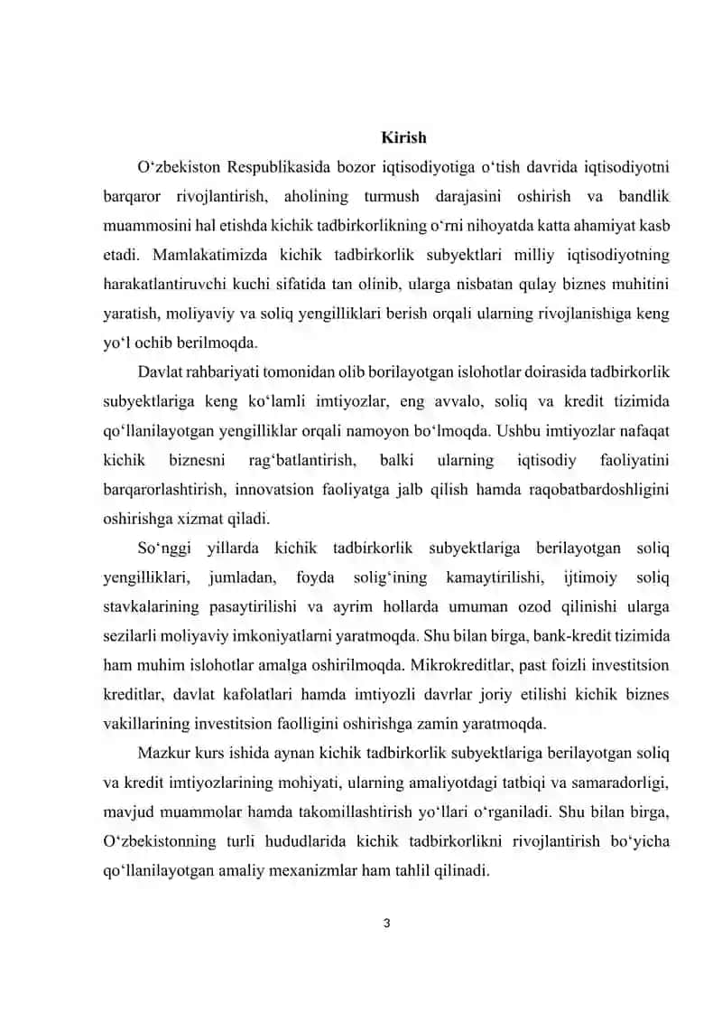 O’zbekistonda kichik tadbirkorlik subeyktlariga berilgan soliq va kredit imtiyozlari 3