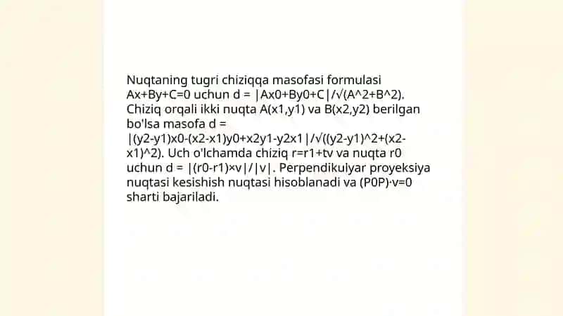 Nuqt tugʻri chiziq va tekisliklarning oʻzaro munosabatlarni tekshirishga oid pozitsion va metrik masalalar yechish 3