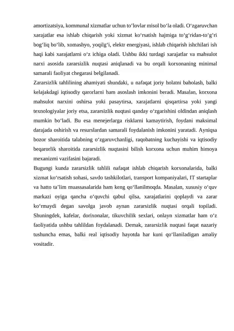 Zararsizlik nuqtasini aniqlovchi formulalar 3