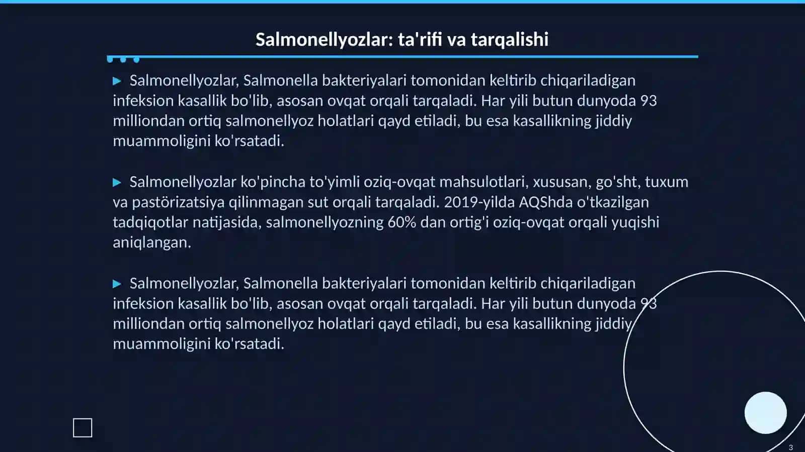 Salmonellyozlar.Epidemialogiyasi va profilaktikasi.Salmonellyozlar da epidemik jarayonning namoyon boʻlishi 3