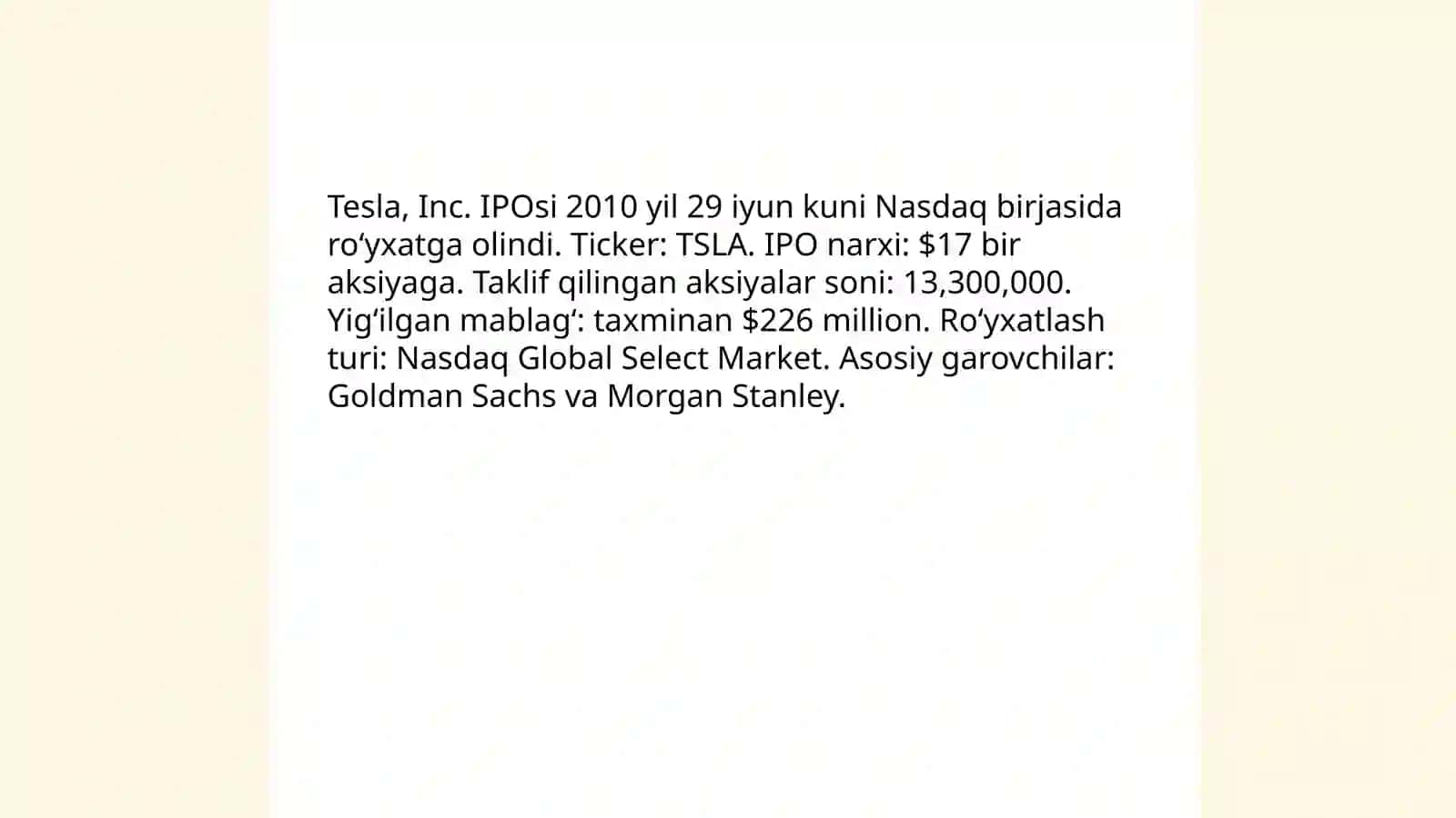 Tesla kompaniyasining fond birjasi va listing talablari va asosiy moliyaviy ko’rsatgichlari 3