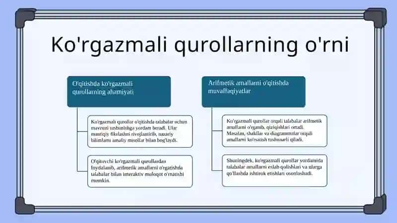 Arifmetik amallar bajarish metodikasi Arifmetik amallarning konsentrlar bo'yicha o'qitishda ko'rgazmali qurollardan foydalanish 3