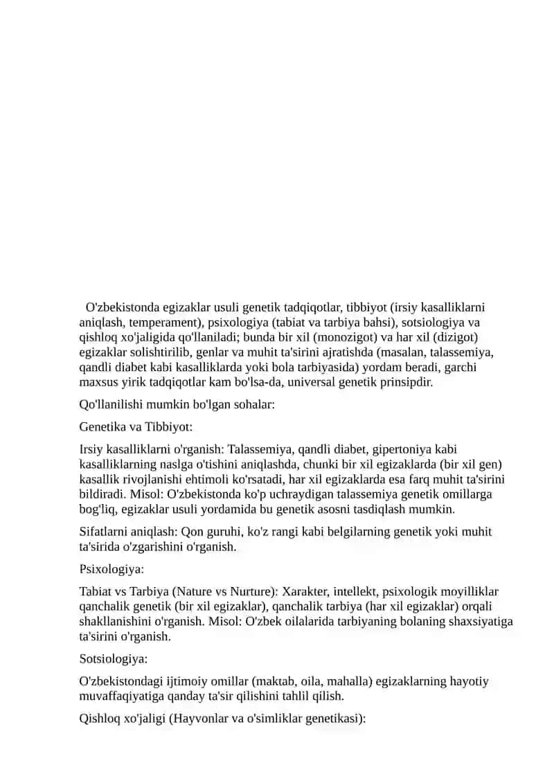O'zbekistonda egizaklar usulini nimalarni aniqlashda qo'llash mumkin 3