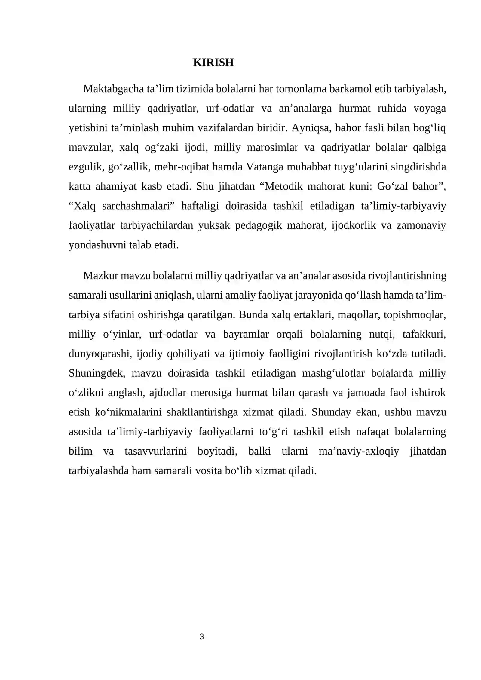 Bolalarni milliy qadriyatlar, an'analar asosida rivojlantirishning samarali usullari mavzusida ta'limiy-tarbiyaviy faoliyatlarni tashkil etish 3