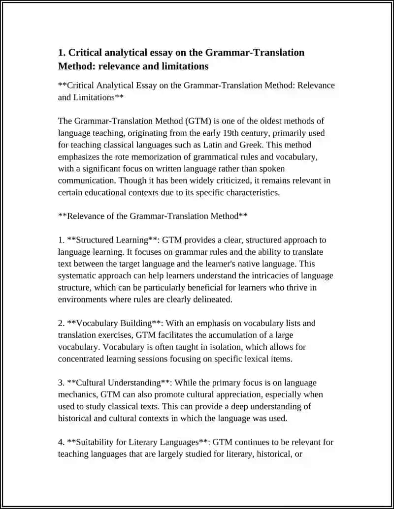 Critical Analytical Essay on the Grammar-Translation Method: Relevance and Limitations 3