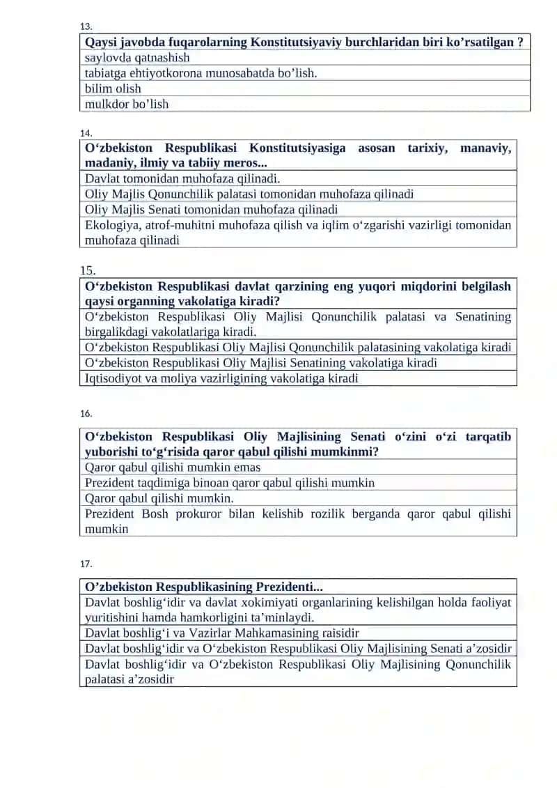 O‘zbekiston Respublikasining yangi tahrirdagi Konstitutsiyasini o‘rganish bo‘yicha tayyorlangan test savollari 3