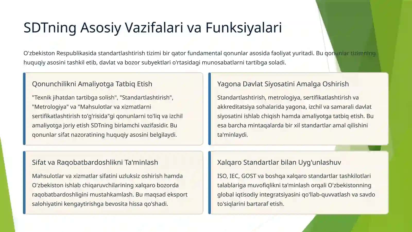 O'zbekiston Respublikasida Standartlashtirish Xizmati va Davlat Tizimi (SDT) 3