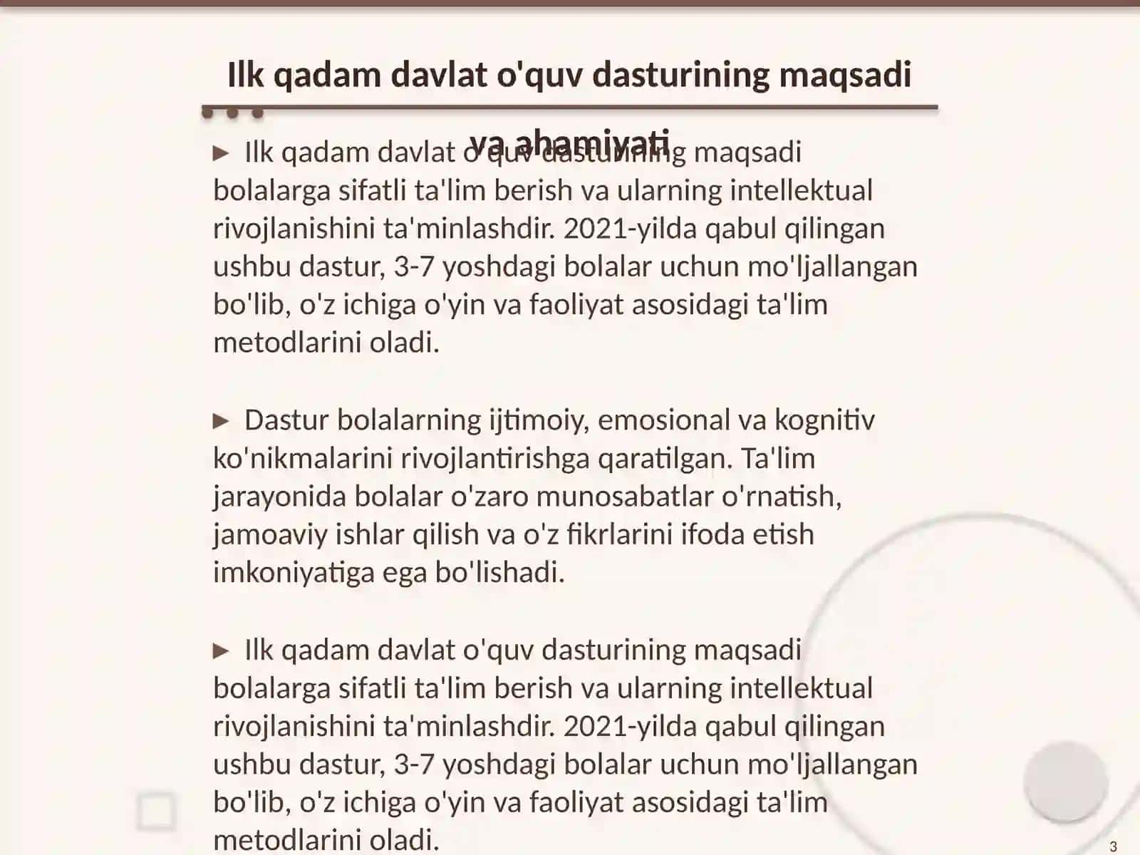 Ilk qadam davlat o'quv dasturining maqsadi va vazifalari 3