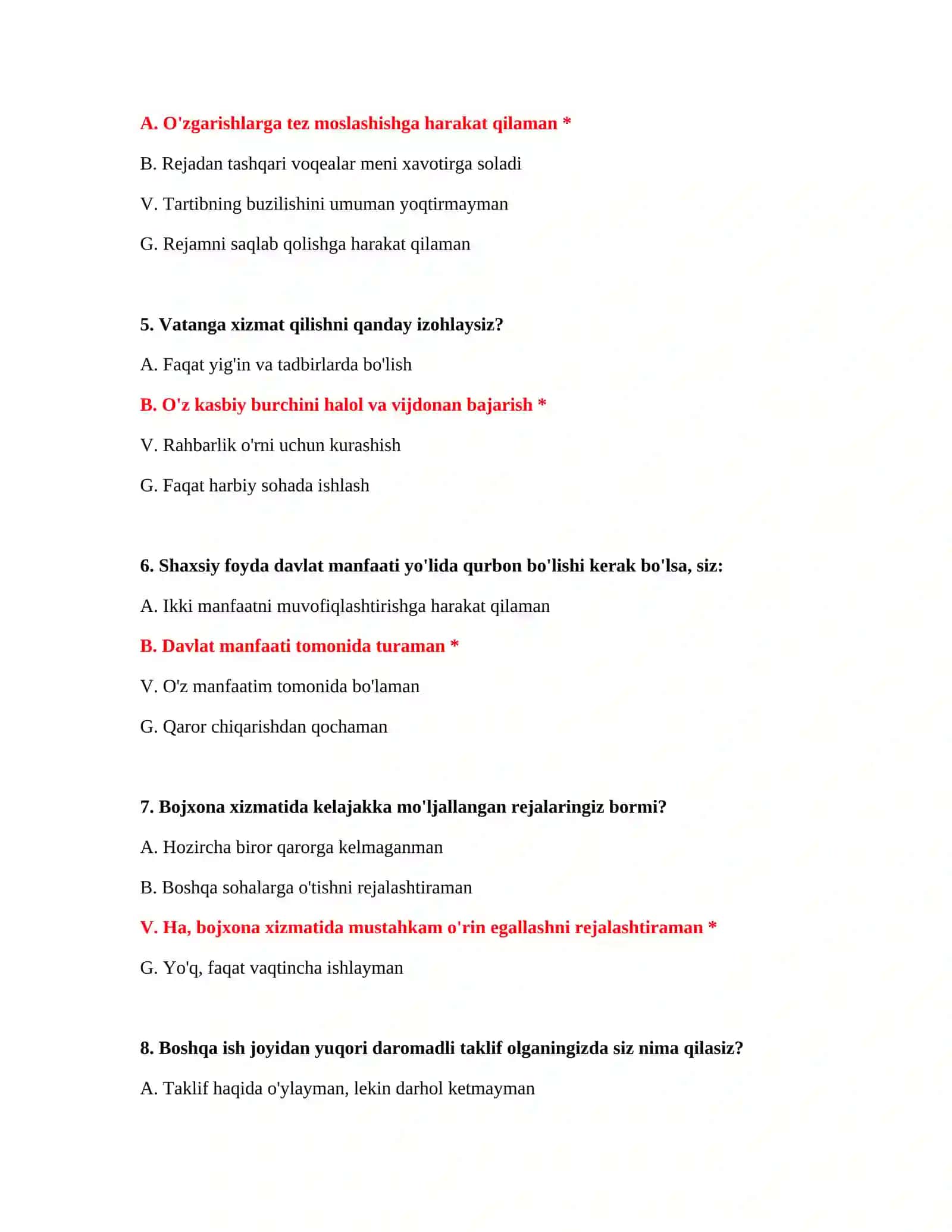 Bojxona suhbat testlari 3