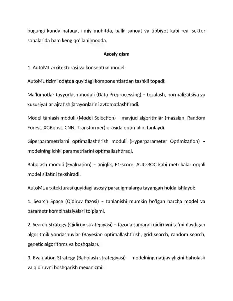 AutoML yordamida avtomatik model tanlashning zamonaviy yondashuvlari va intellektual tizimlardagi roli 3