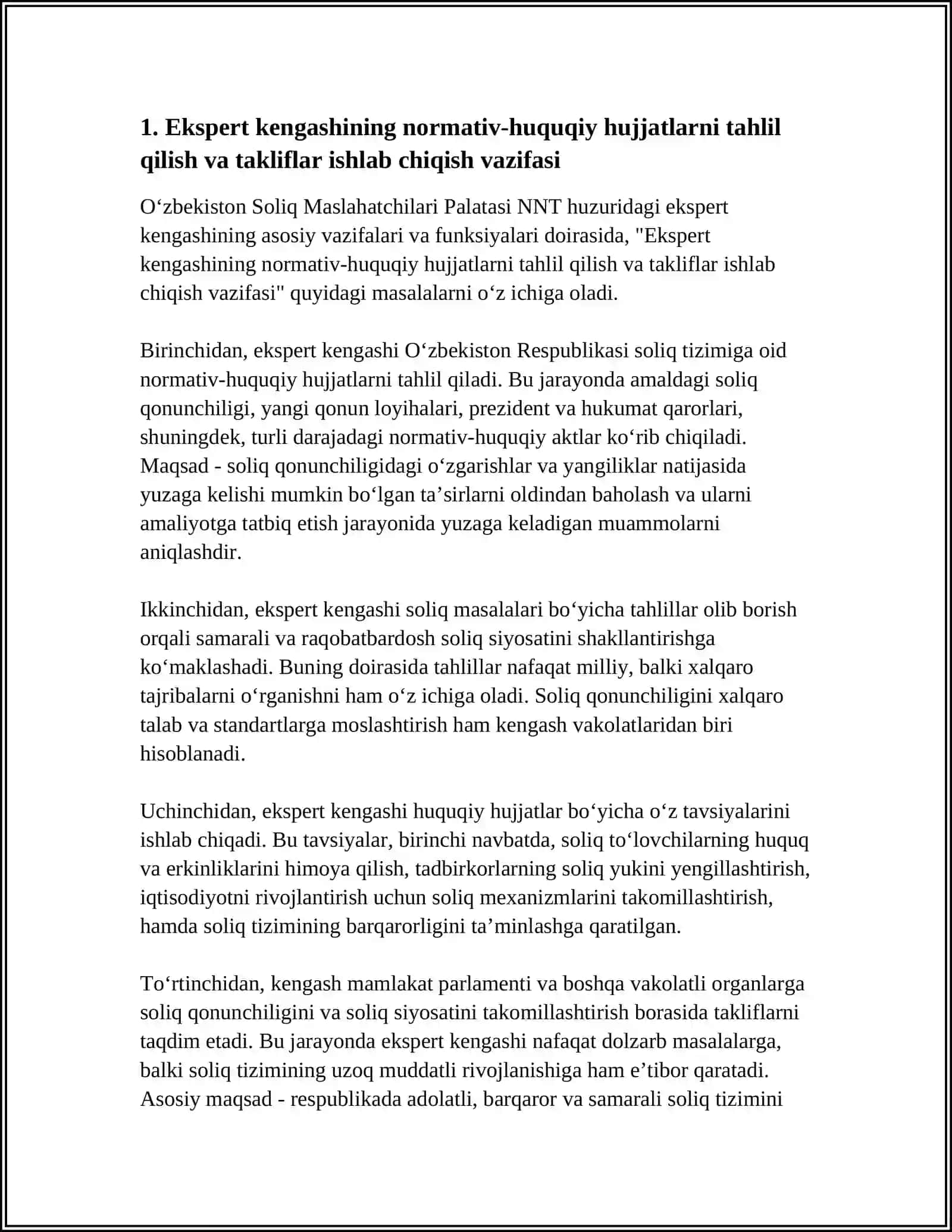 O'ZBEKISTON SOLIQ MASLAHATCHILARI PALATASI NNT HUZURIDAFI EKSPERT KENGASHINING ASOSIY VAZIFALARI VA FUNKSIYALARI 3