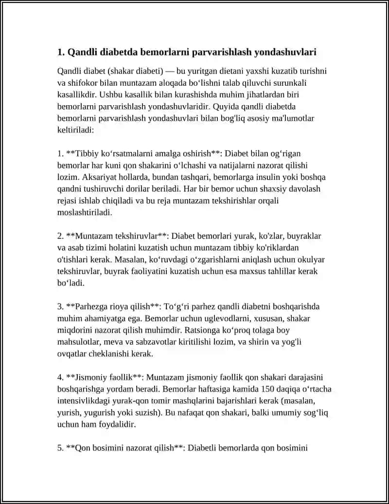 QANDLI DIABETDA BEMORLARNI PARVARISHLASH YONDASHUVLARI 3