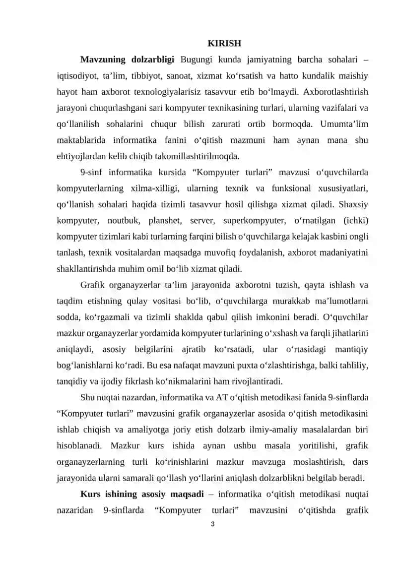 Informatika oʻqitish metodikasi fanidan 9-sinflarda "Kompyuter turlari" mavzusini oʻqitishda grafik organayzerlardan foydalanish 3