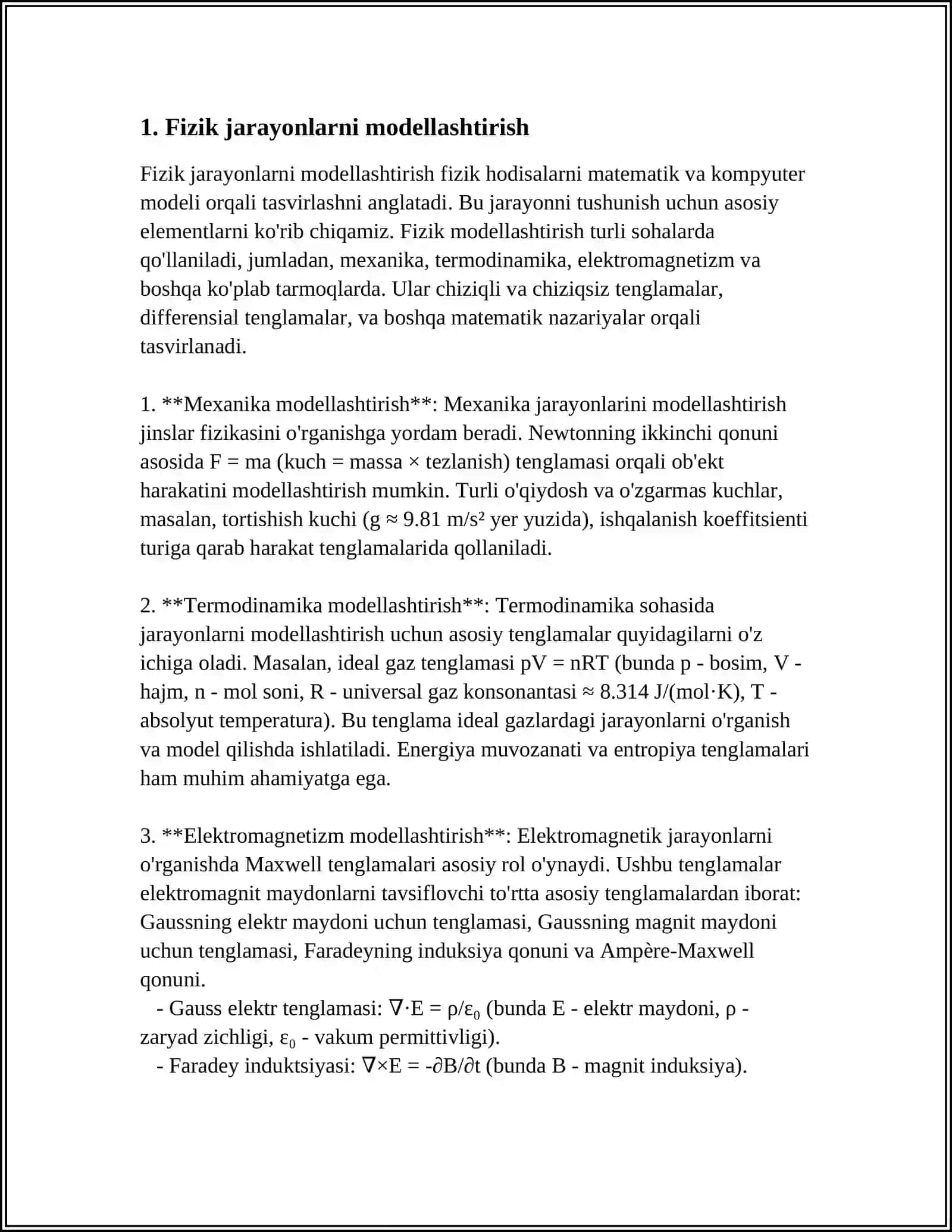 FIZIK VA MATEMATIK MODELLASHTIRISH, OLINGAN NATIJALAR ASOSIDA PROGNOZ QILISH 3