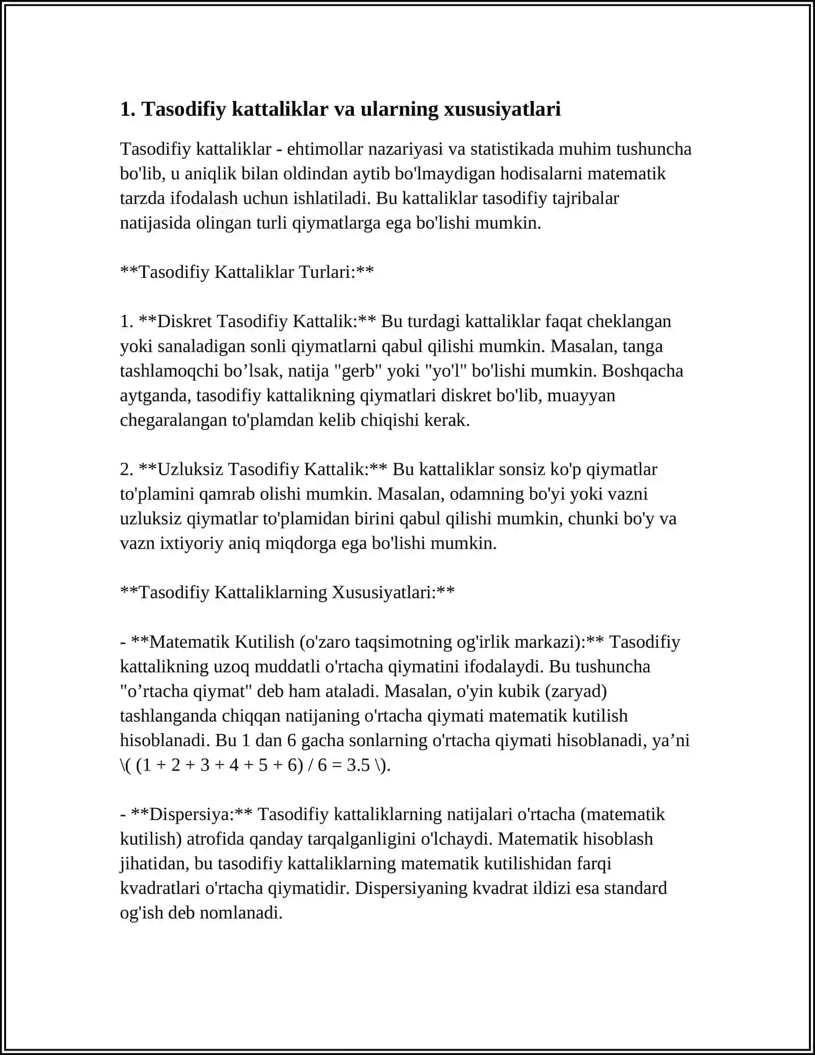 TIBBIY BIOLOGIK MASALA MISOLIDA MATEMATIK STATISTIKA ELEMENTLARI GENERAL VA TANLOV MAJMUALARI TADODIFIY KATTALIKLARNING TAQSIMOT QONUNINI YORITIB BERISH 3
