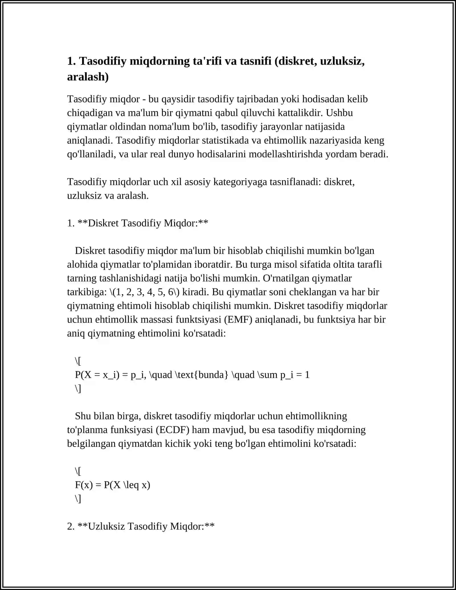 TASODIFIY MIQDOR TAQSIMOTI VA TAQSIMOT FUNKSIYASI, ULARNING BIR-BIRIDAN KELIB CHIQISHI 3