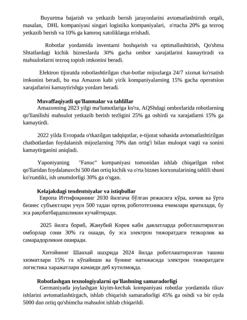 Innovatsion biznesda robot texnologiyalaridan samarali foydalanish Elektron biznes modellari 3
