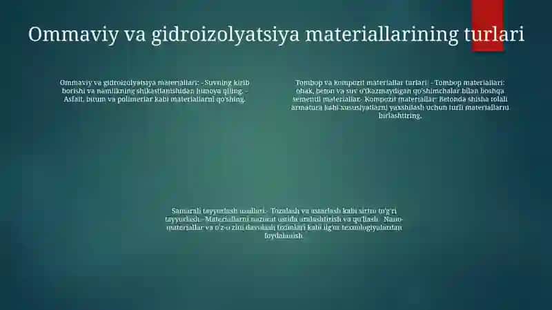 Tombop Va Gidroizolyatsiya O’Rama Va Kompozitsion Samarali Materiallar Tayyorlash Usullari Va Istiqbollari 3