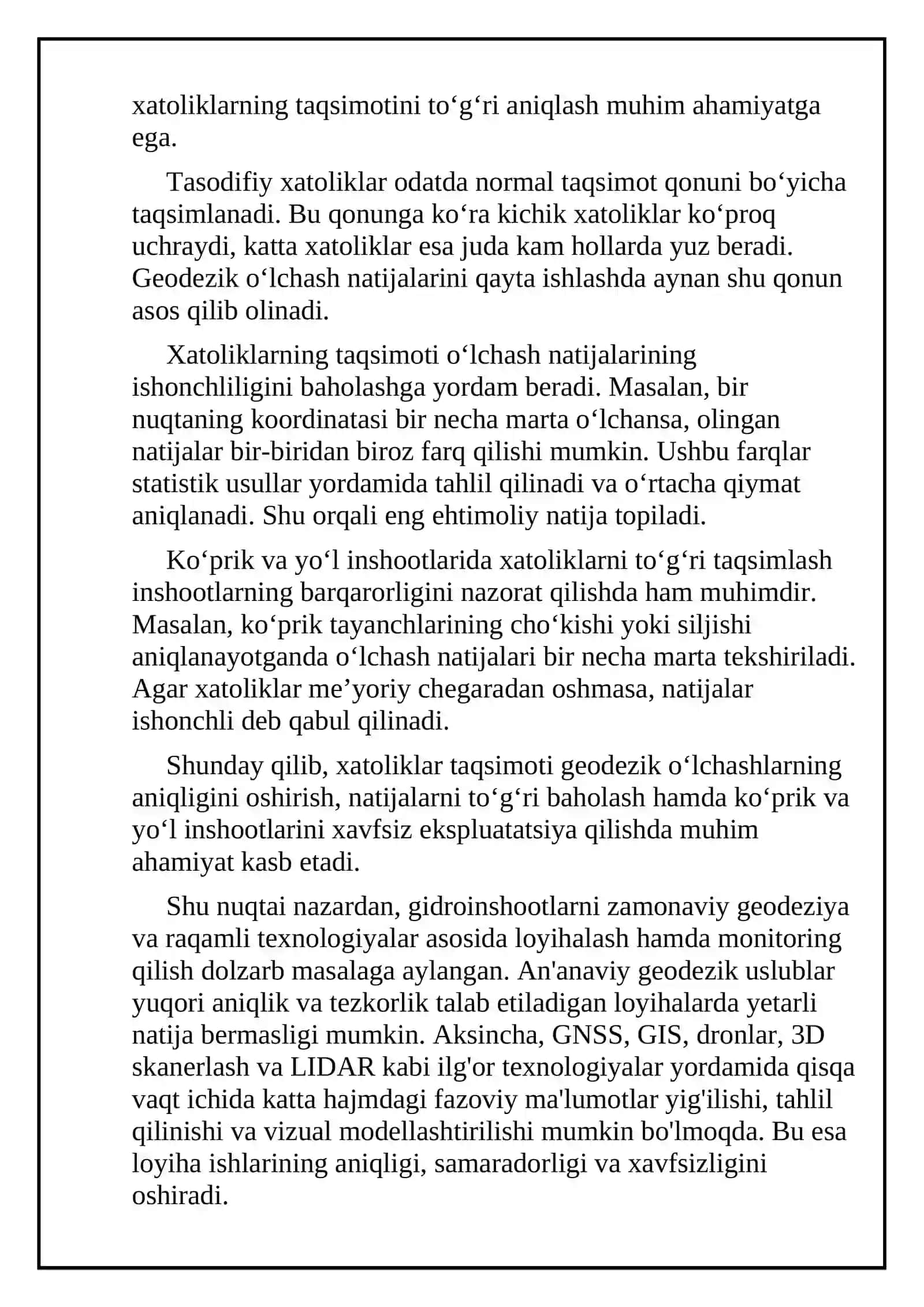 Ko‘prik va yo‘l inshootlarida geodezik o‘lchash natijalarini tenglashtirish usullari 3