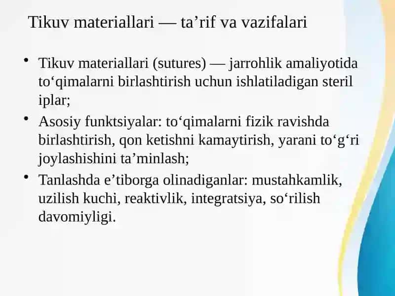 ZAMONAVIY TIKUV MATERIALLARI.STERILIZATSIYA OLDI TAYYORGARLIGI VA STERILIZATSIYA SIFATINI ANIQLASH USULLARI 3