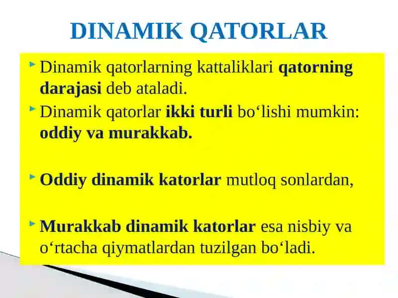 Dinamik qatorlar, turlari, ko‘rsatkichlari, statistik tahlil etishda qo‘llanilishi. Grafik tasvirlar, ularning qo‘llanilishi 3