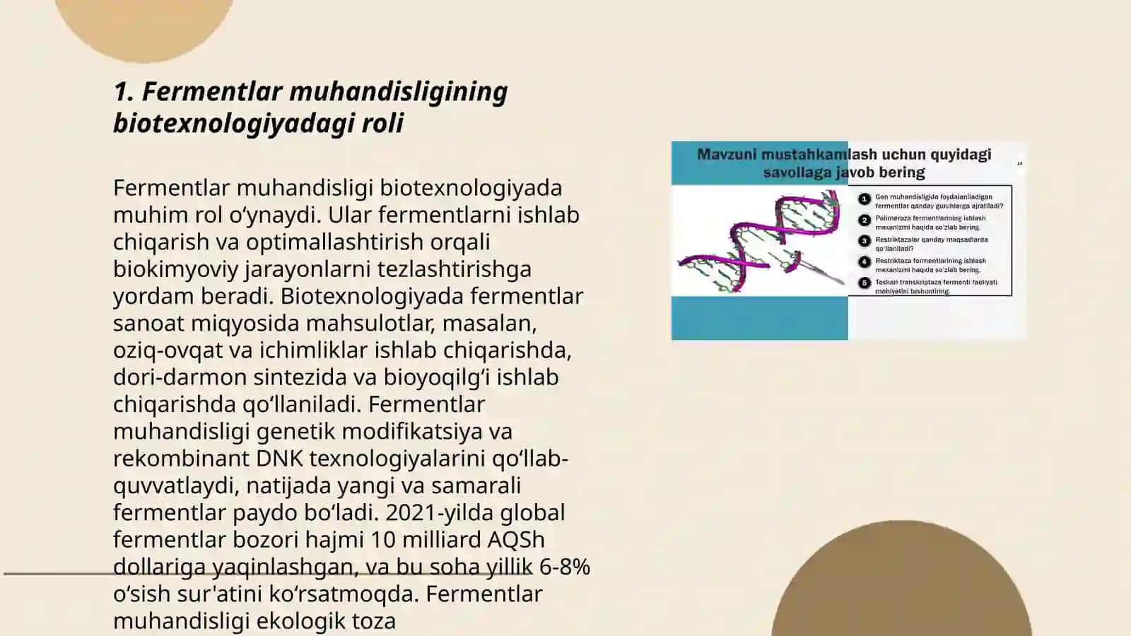 Fermentlar muhandisligining biotexnologiyadagi o‘rni BAXTIYOROVA MADINA 3