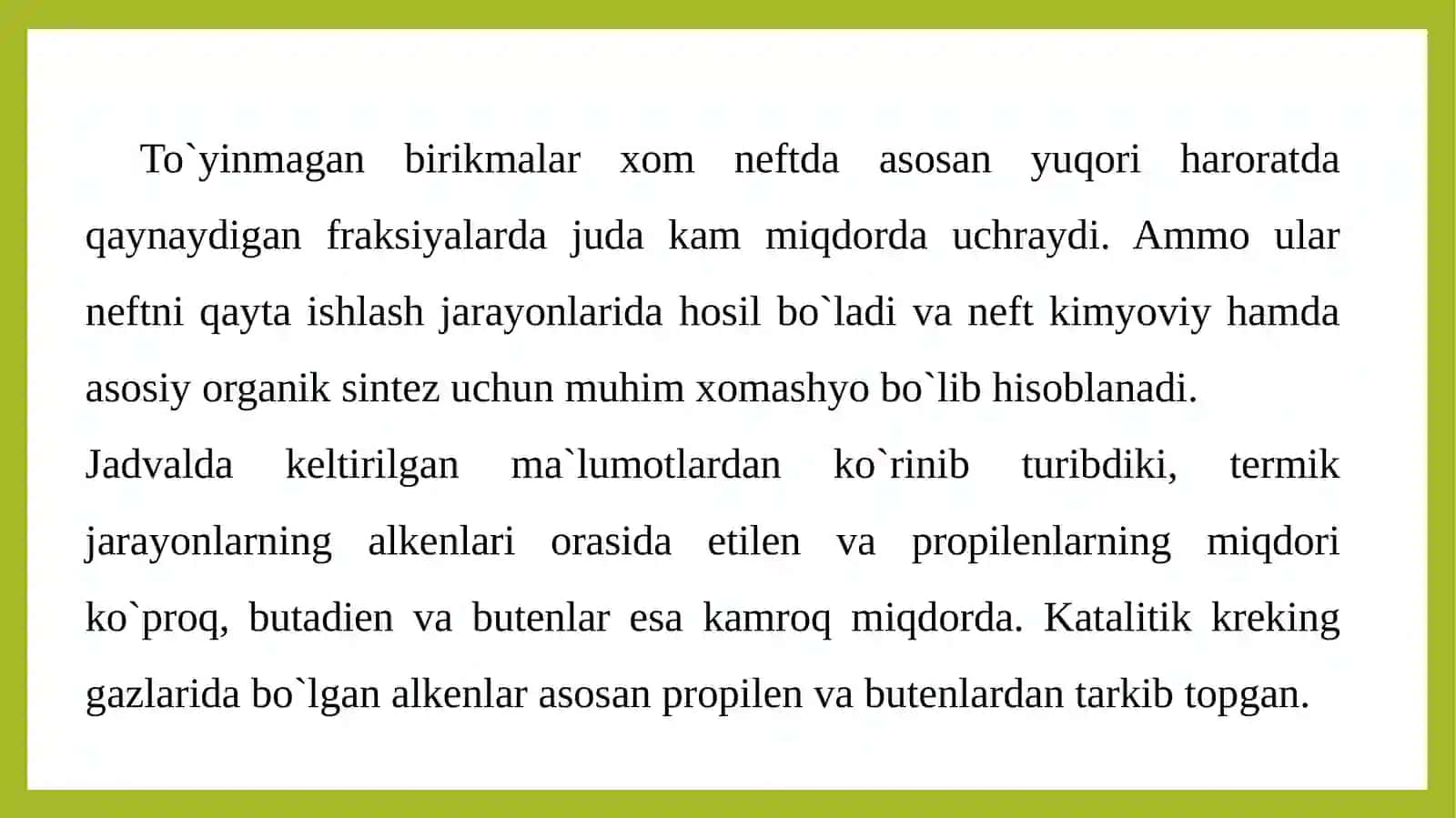 Neftni qayta ishlashda olinadigan asosiy kimyoviy birikmalar, ularning xossalari 3