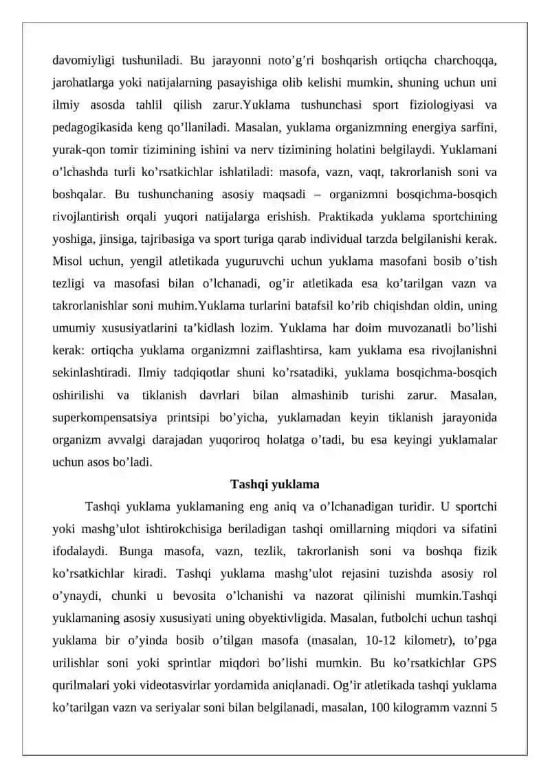 Yuklama haqida tushuncha, mashg’ulot yuklamasining hajmi, shiddati va orasidagi dam olishning ahamiyati 3