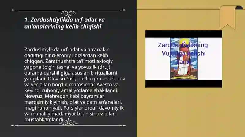 Zardushtiylik ta'limotida urf-odat marosimlar, ma'naviy axloqiy qaraahlar 3