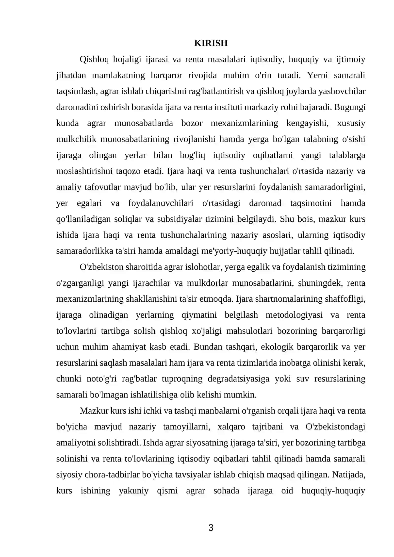 “QISHLOQ HO’JALIGI:IJARA HAQI VA RENTA” MAVZUSIDA TAYYOR KURS ISHI 3