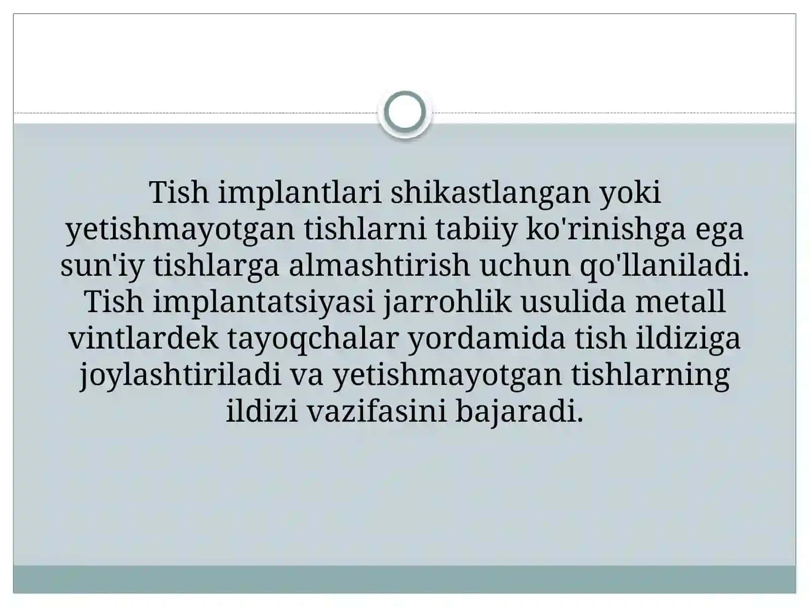Tish implantlari, ko`rsatma va qarshi ko`rsatmalar, implantatsiya bosqichlari va usullari 3
