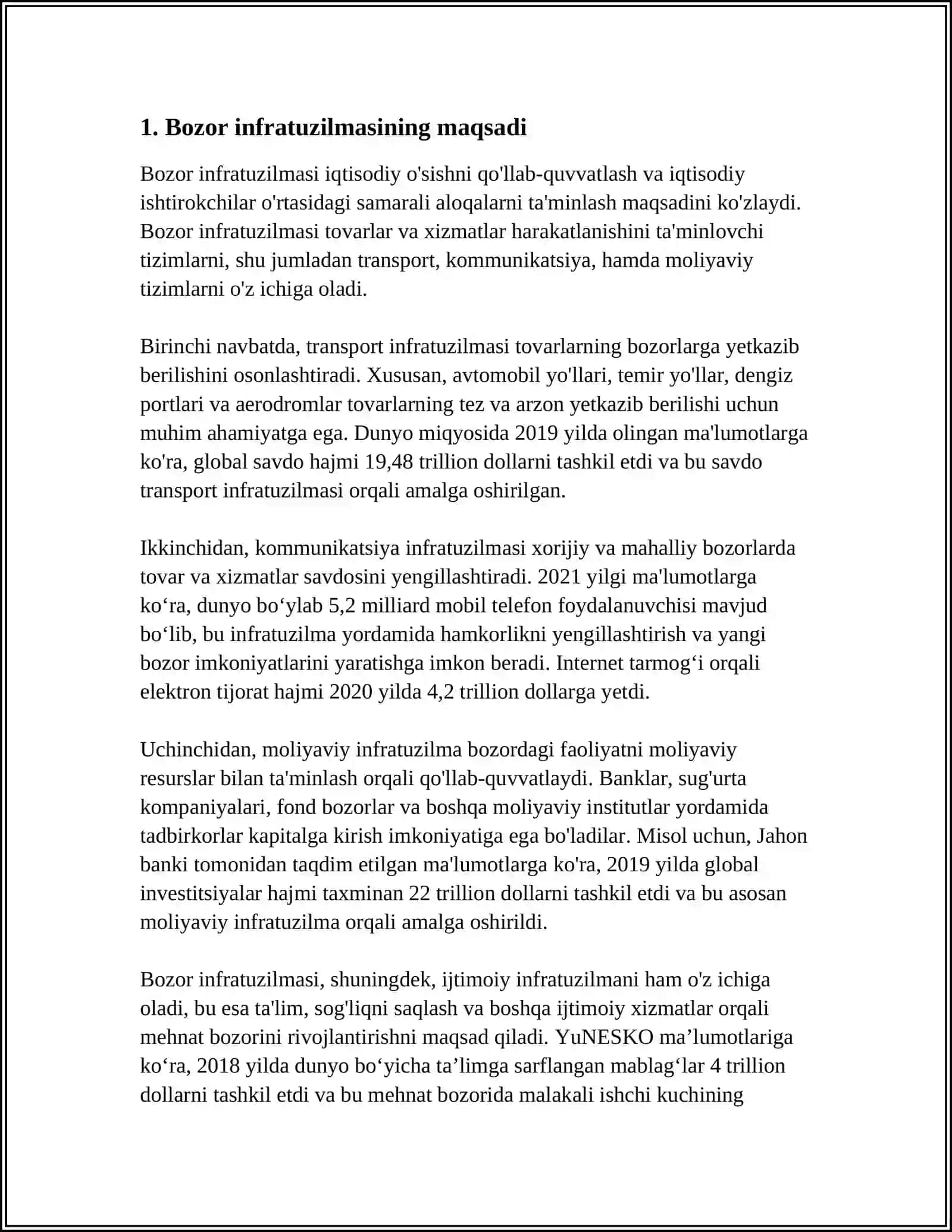 BOZOR INFRATUZILMASI FANINING MAQSADI, OB'EKTI, PREDMETI, MAQSADI, ASOSIY VAZIFALARI VA TAMOYILLARI 3