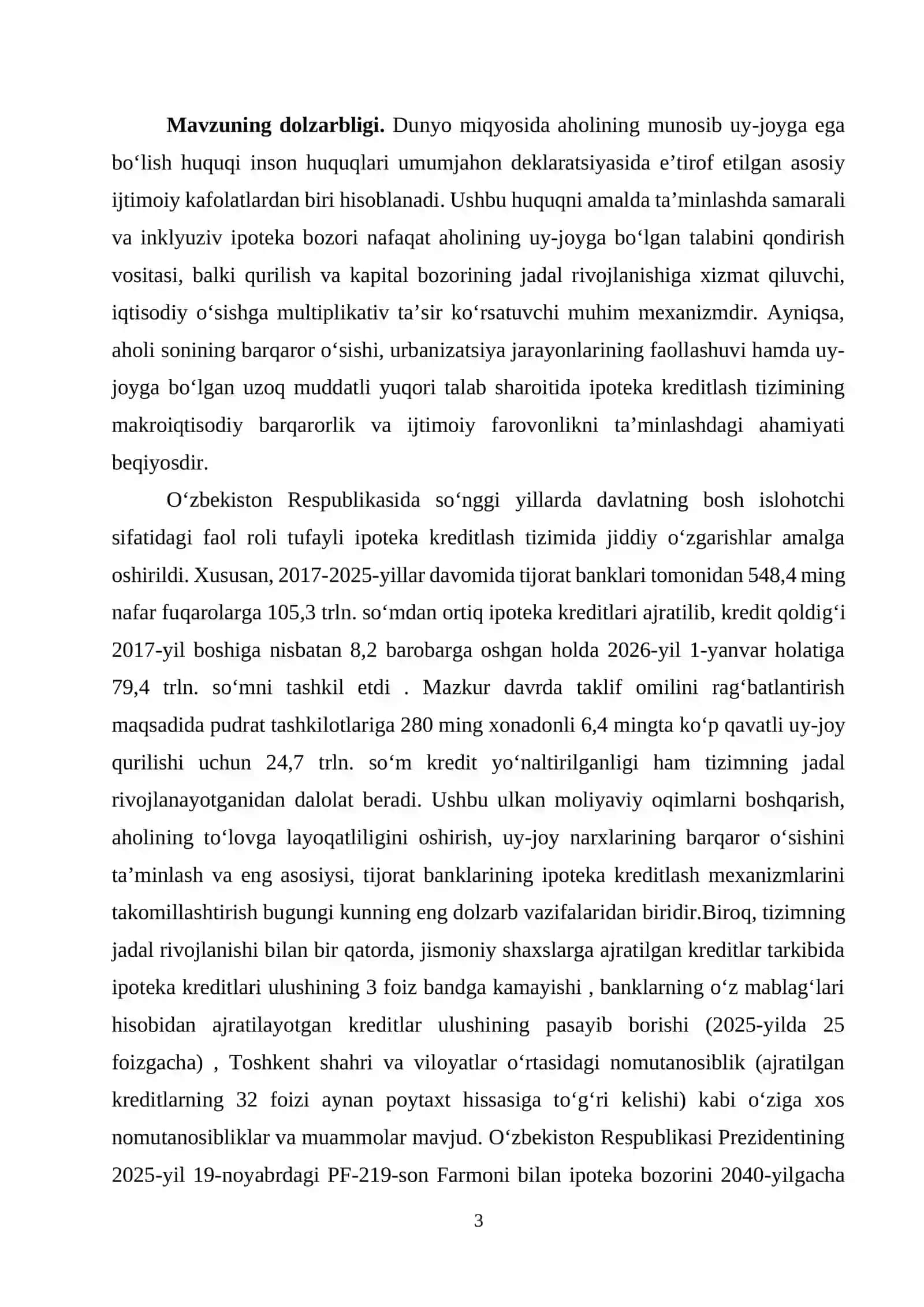 IPOTEKA KREDITLARI BERISH TIZIMINI YANADA TAKOMILLASHTIRISH.BMI 3