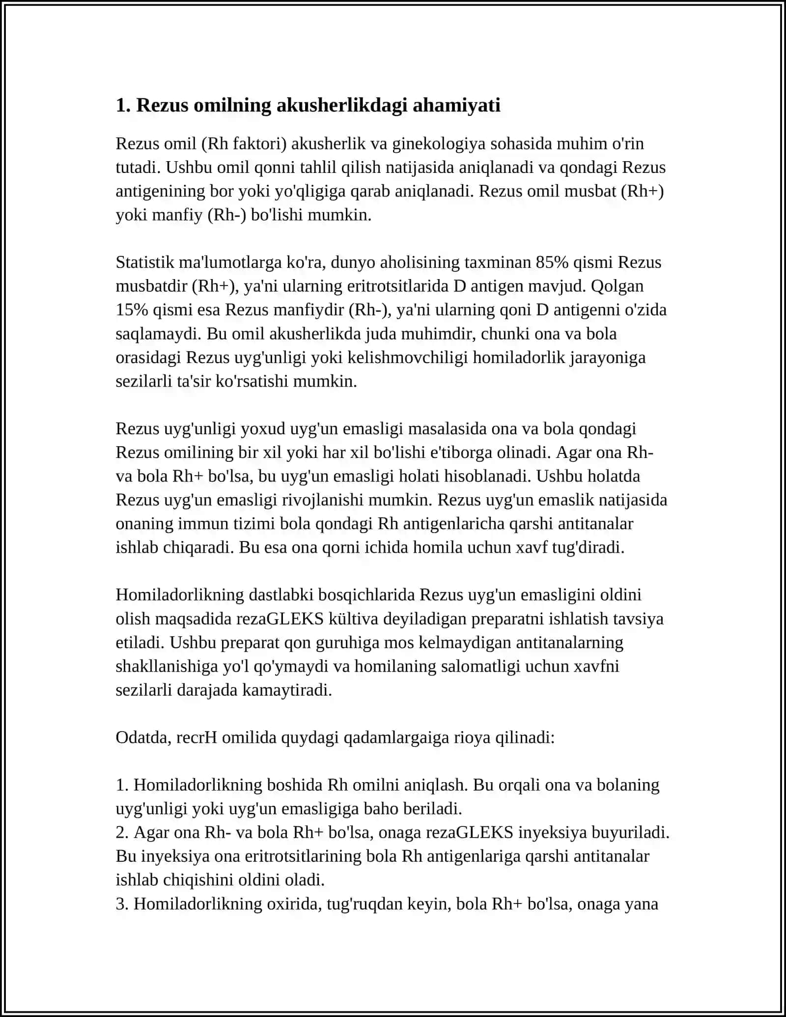 AKUSHERLIKDA REZUS OMILNING O'RNI. HOMILA VA CHAQALOQLAR GEMOLITIK KASALLIGI. CHAQALOQLAR SARIQLIGI. ETIOPATOGENEZI, TASNIFI, KLINIKASI, TASHXISLASH, DAVOLASH TAMOYILLARI 3