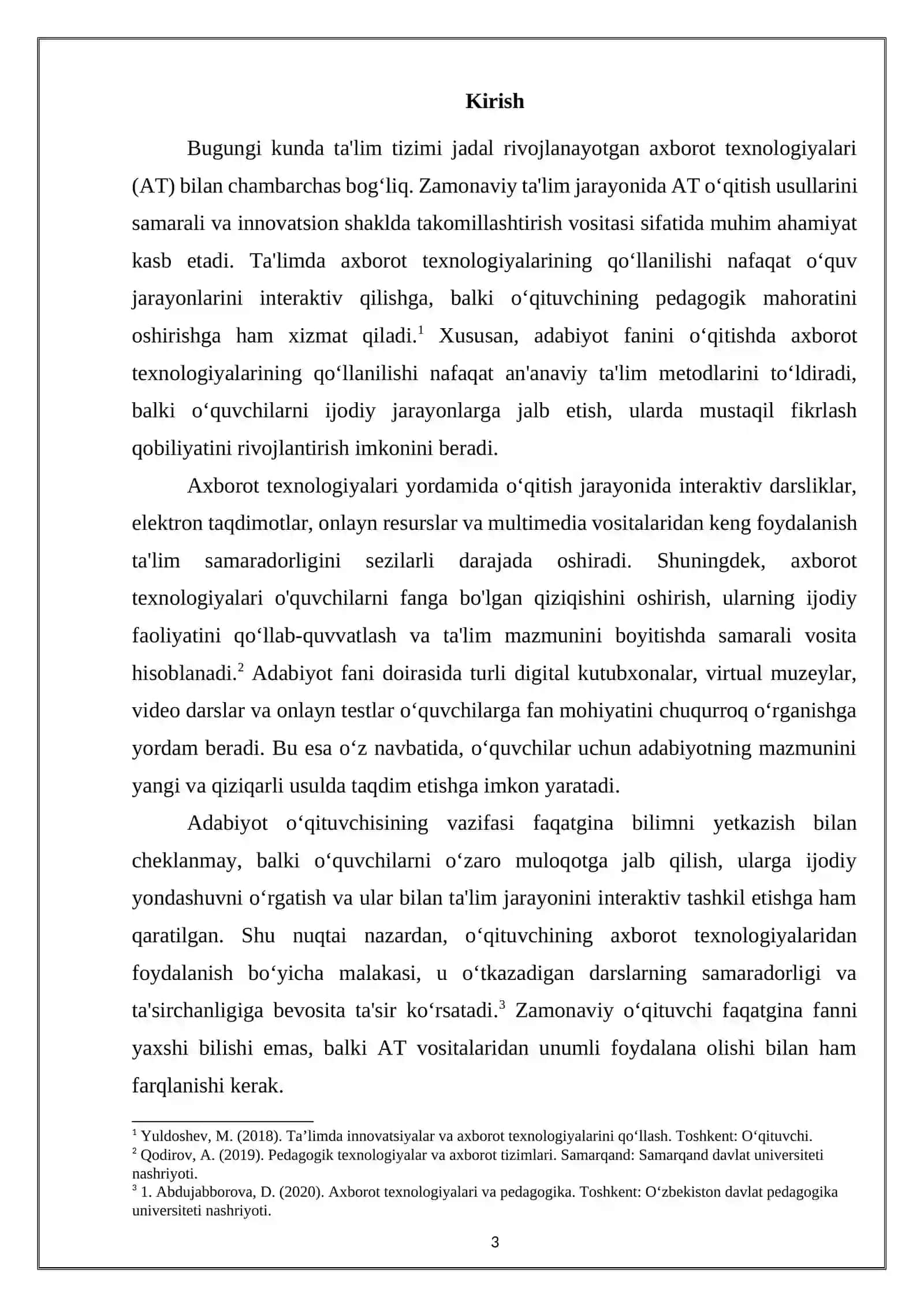 ADABIYOT FANINI OʻQITISHDA AXBOROT TEXNOLOGIYALARIDAN FOYDALANISH PEDAGOGIK MAHORATNI OSHIRISH OMILI MAVZUSIDA TAYYOR KURS ISHI 3