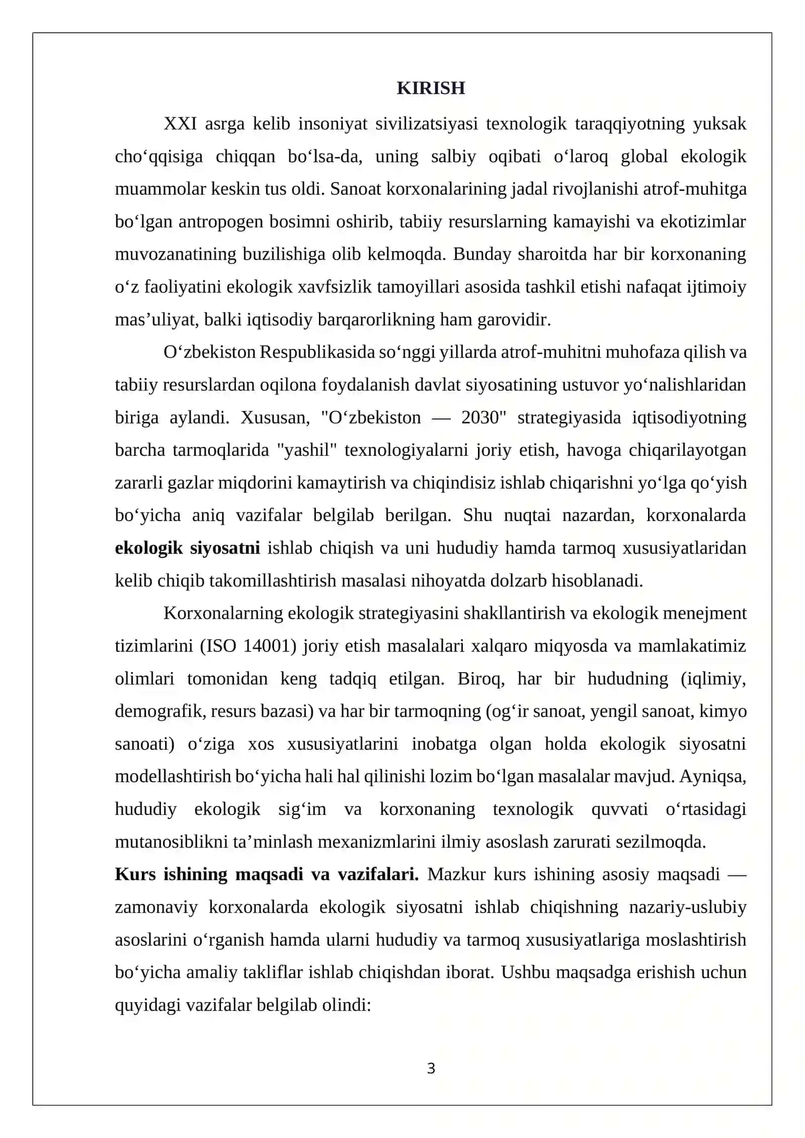«Korxonaning ekologik siyosatini ishlab chiqish tamoyillari. Xududiy va tarmoq xususiyatlari» 3