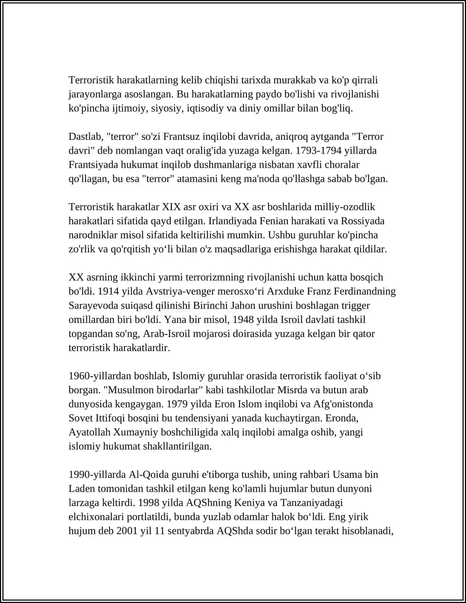 MUSTAQIL ISH Mavzu: TERRORISTIK HARAKATLAR, ULARNING TURLARI,ULARGA QARSHI KURASH USULLARI 3