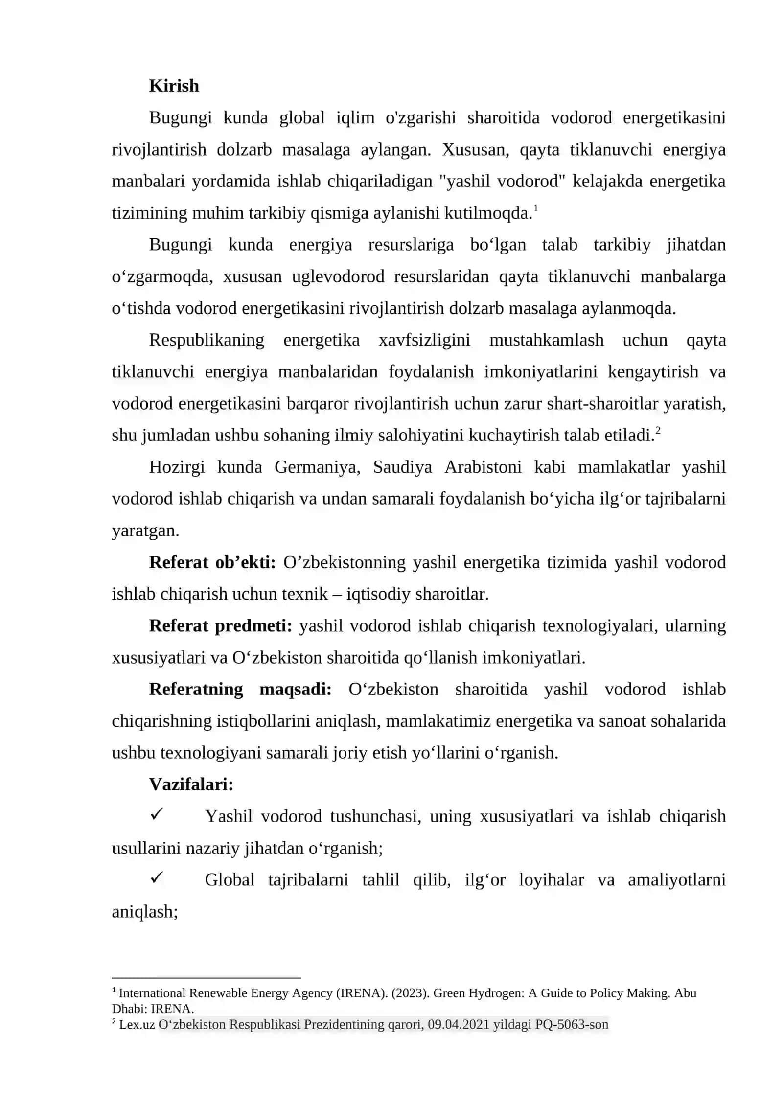 Yashil vodorod ishlab chiqarish jahon tajribasi va uning O’zbekistonda qo’llanish imkoniyatlari 3