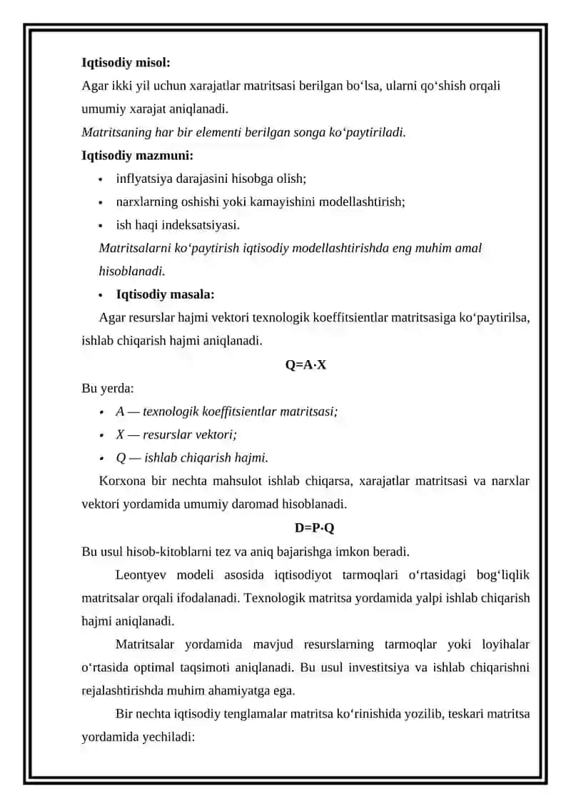 Maritsaviy analiz elementlari. Matritsalar ustida amallarga keladigan iqtisodiy masalalar 3