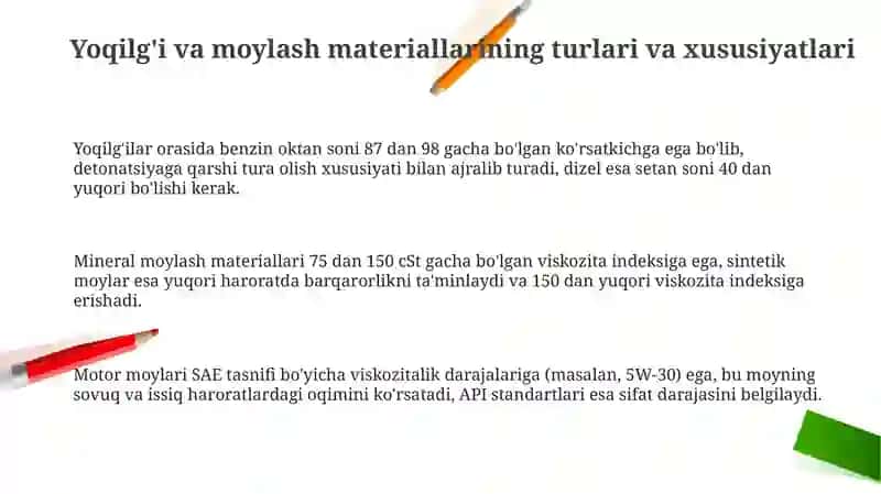 Yoqilgʻi-moylash materiallari va ularning dvigatel ishlashiga ta 'siri 3