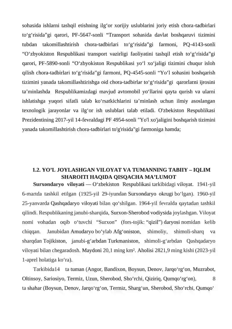 M-41 “Bishkek – Dushanbe - Termiz”avtombil yo’lining 1460 - 1465 qismini rekonstruksiya qilish texnologiyasini ishlab chiqish 3