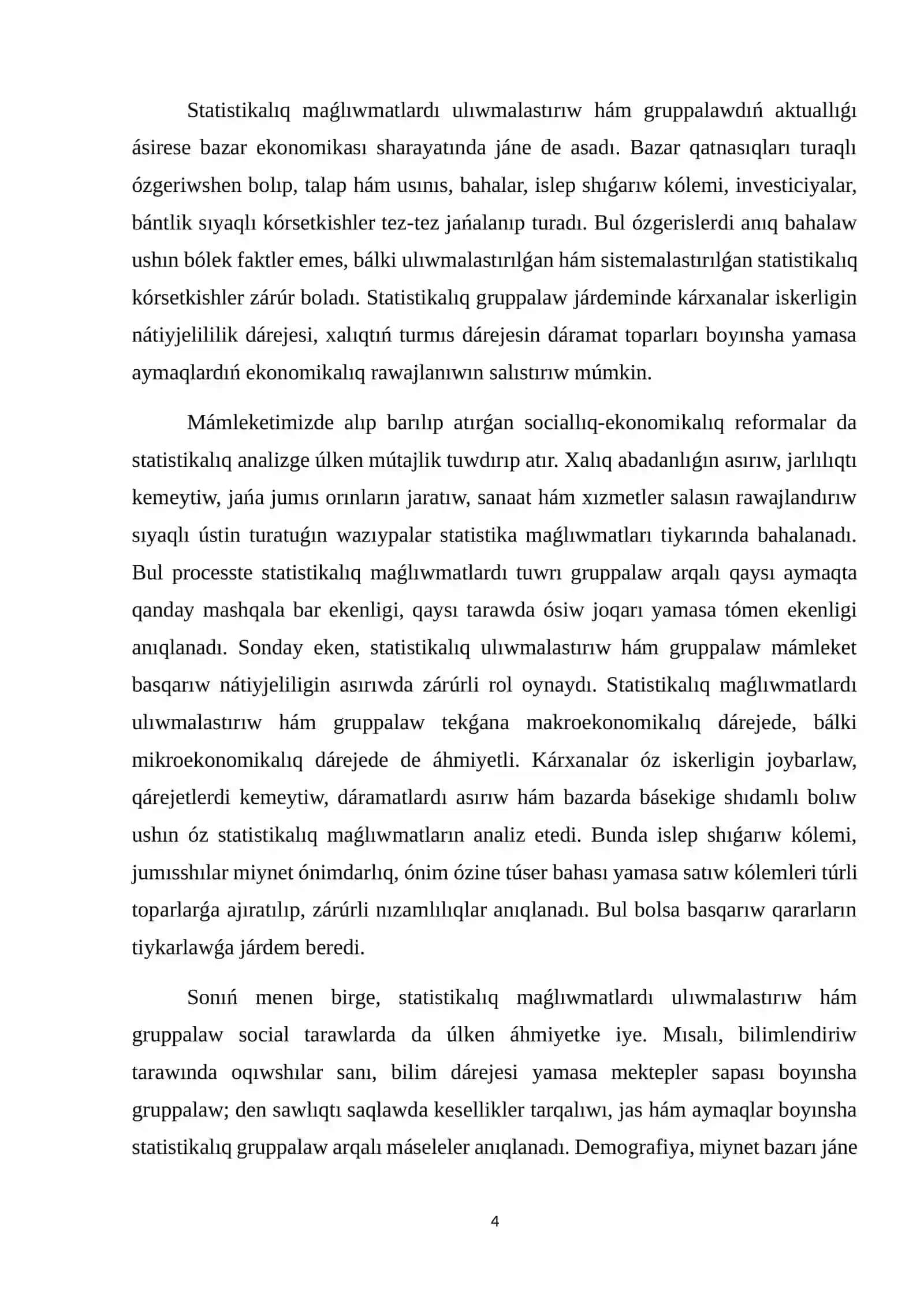 Statistikalıq maģlıwmatlardı ulıwmalastırıw hám toparlaw: teoriyalıq tiykarlar hám ámeliy qollanılıwı 3