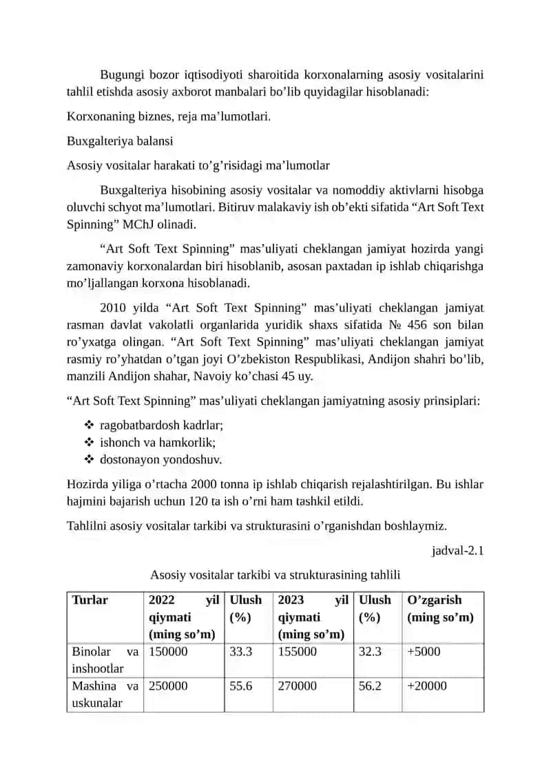 Mavzu” Korxonaning asosiy vositalar bilan ta’minlanish darajasi va ulardan samarali foydalanish tahlili” 3