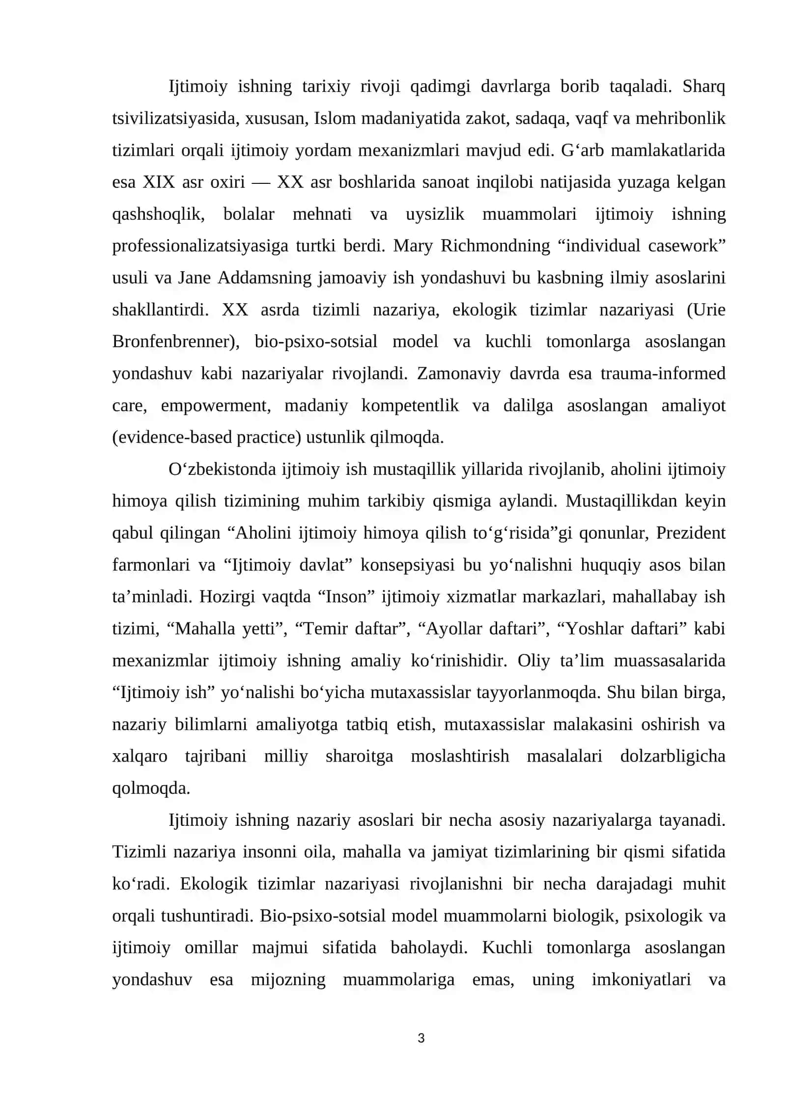 Hayot faoliyatining turli sohalarida ijtimoiy ish . ijtimoiy ishning nazariyasi va metologik usullari 3