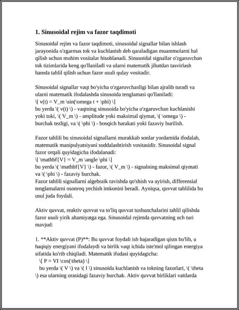 SINUSOIDAL REJIMDA QUVVAT TURLARI VA ULARNING FIZIK MA’NOSI 3